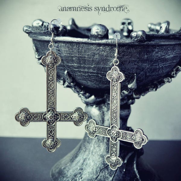 Gothic Satanist Huge Inverted Cross Silver, black or Bronze Metal Earrings. MADE ON ORDER