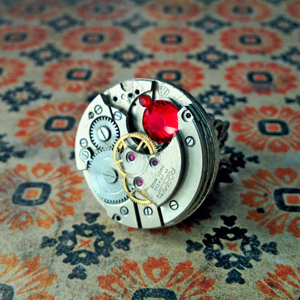 Bague steampunk mouvement de montre mécanique, marque ROAMER, argenté-rouge