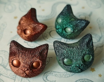 Mini cat's head ear studs, resin. Witchy Kawaii. Gold plated or stainless steel.