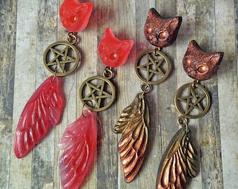 Mini cat's head, pentacle and wing Ear Studs, resin. Witchy Kawaii. Red or Copper