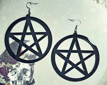 Big Witchy Gothic Pentagram earrings. Laser cut. Black.