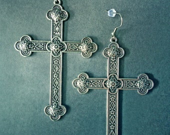 Gothic Huge Cross, Silver or Black Metal Earrings. MADE ON ORDER
