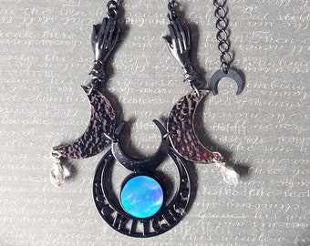 Black witchy necklace with triple moon pendant and fire opal Aurora Borealis cabochon