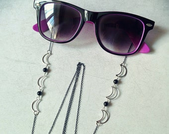 1 Witchy Goth eyeglass holder, glasses chain. Silver crescent moons. (Glasses not included). MADE TO ORDER