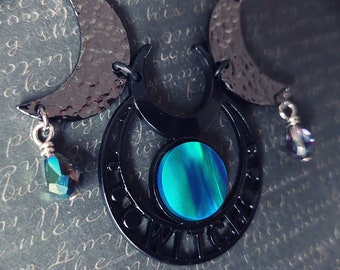 Black witchy necklace with triple moon pendant and green-blue Aurora Borealis cabochon