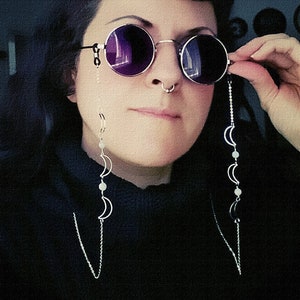 1 Witchy Goth eyeglass holder, glasses chain. Silver crescent moons. Glasses not included. MADE TO ORDER Silver