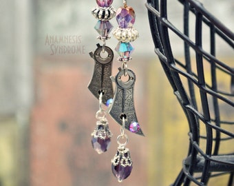 Victorian boho Steampunk silver earrings with engraved vintage balance cock and violet glass beads