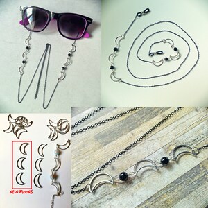 1 Witchy Goth eyeglass holder, glasses chain. Silver crescent moons. Glasses not included. MADE TO ORDER image 7