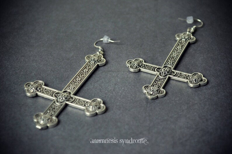 Gothic Satanist Huge Inverted Cross Silver, black or Bronze Metal Earrings. MADE ON ORDER image 4