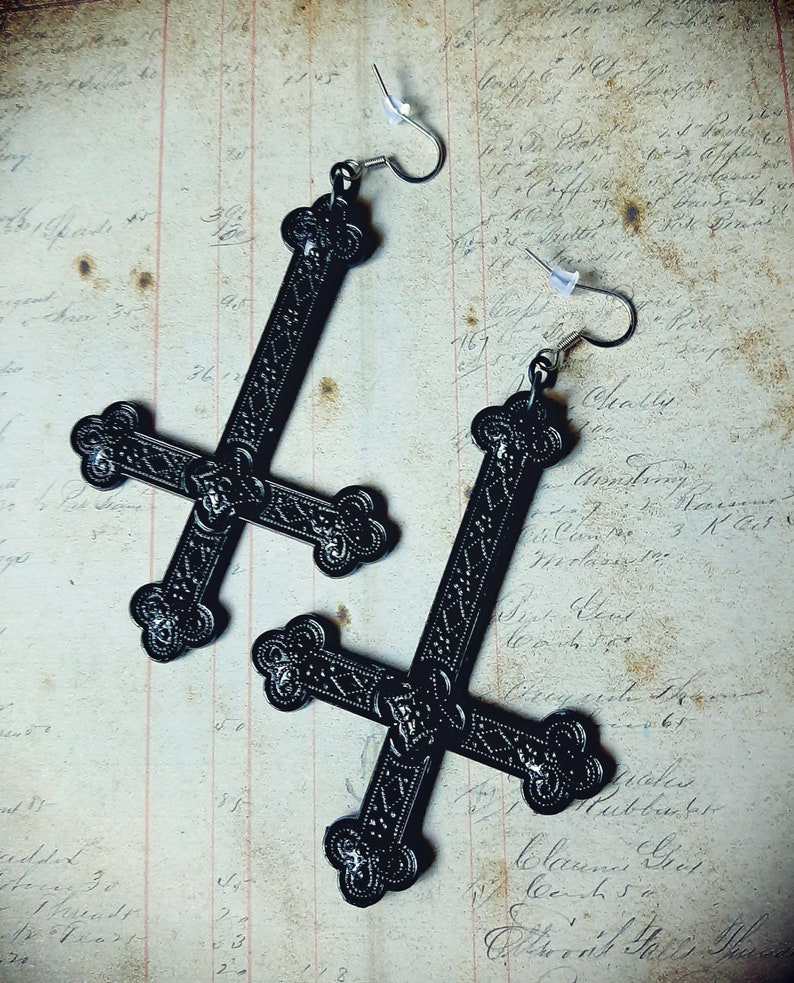 Gothic Satanist Huge Inverted Cross Silver, black or Bronze Metal Earrings. MADE ON ORDER Black
