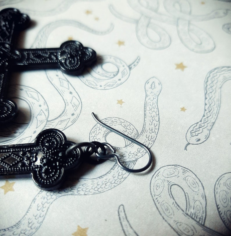 Gothic Satanist Huge Black Inverted Cross .Metal Earrings. MADE ON ORDER image 4