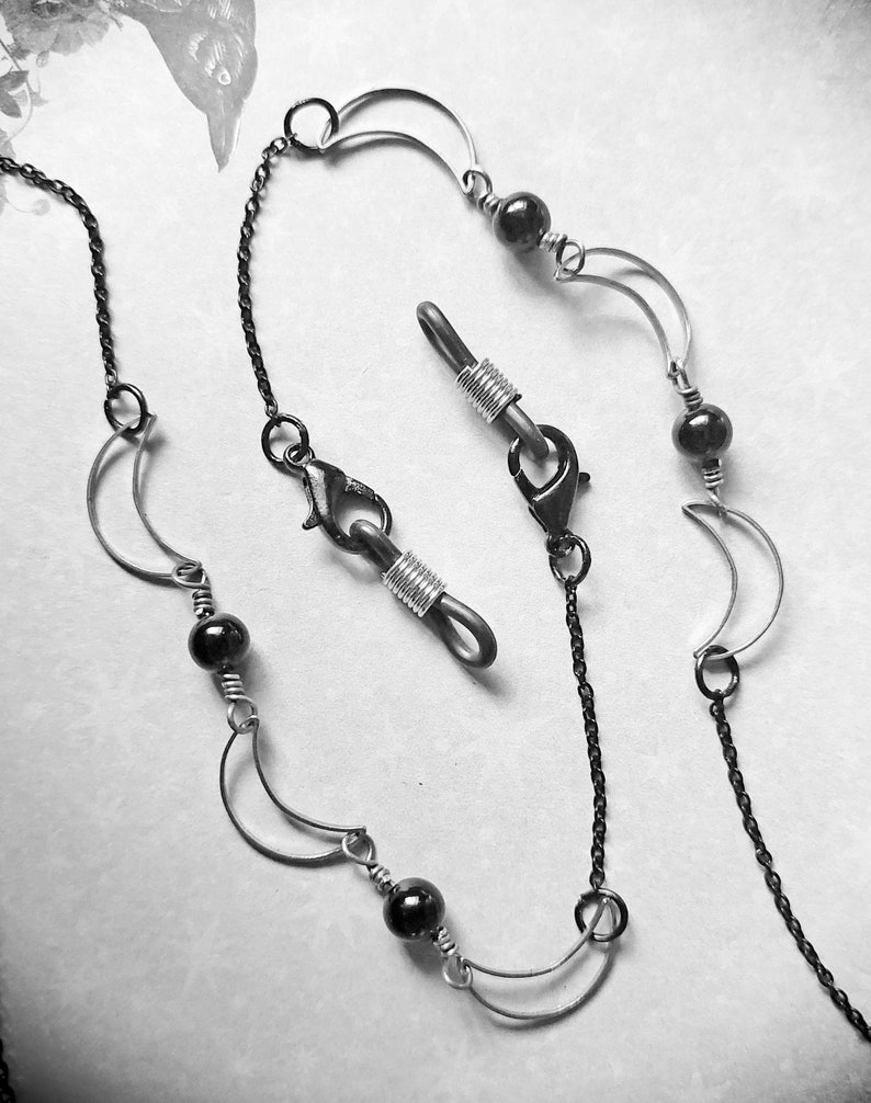 1 Witchy Goth eyeglass holder, glasses chain. Silver crescent moons. Glasses not included. MADE TO ORDER image 10