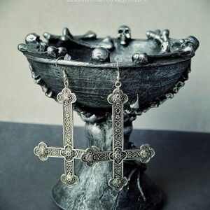 Gothic Satanist Huge Inverted Cross Silver, black or Bronze Metal Earrings. MADE ON ORDER image 3