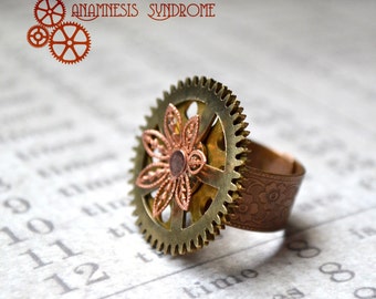 Bague réglable Steampunk Fleur cuivrée et rouages bronze