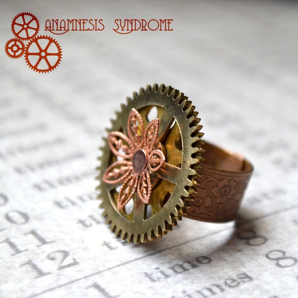 Bague réglable Steampunk Fleur cuivrée et rouages bronze