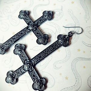 Gothic Satanist Huge Black Inverted Cross .Metal Earrings. MADE ON ORDER image 3