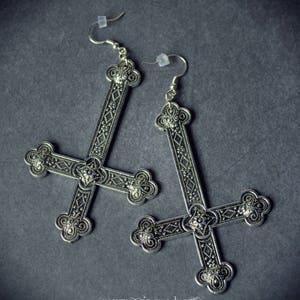 Gothic Satanist Huge Inverted Cross Silver, black or Bronze Metal Earrings. MADE ON ORDER image 2