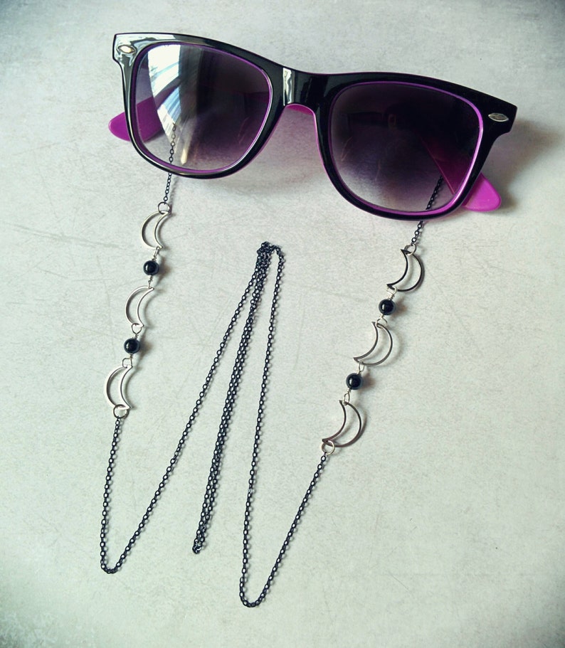1 Witchy Goth eyeglass holder, glasses chain. Silver crescent moons. Glasses not included. MADE TO ORDER image 1