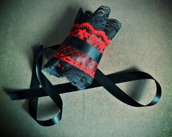 1 Gothic wrist cuff bracelet black and red, bondage, halloween, satin ribbon