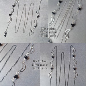 1 Witchy Goth eyeglass holder, glasses chain. Silver crescent moons. Glasses not included. MADE TO ORDER image 8