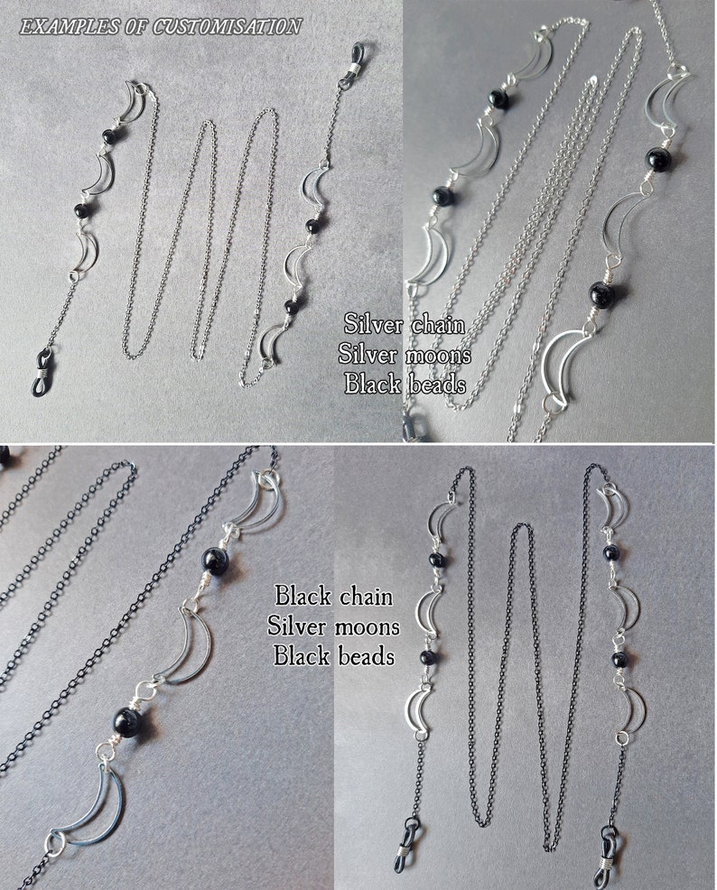 1 Witchy Goth eyeglass holder, glasses chain. Silver crescent moons. Glasses not included. MADE TO ORDER image 8