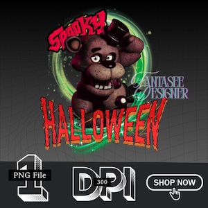 May include: A digital graphic featuring a brown bear character with a top hat, surrounded by a green glow. The word "Spooky" is above the bear, and "Halloween" is below, both in red. Includes "PNG File", "DPI 300", and "Shop Now" text.