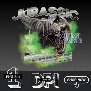 Puede incluir: Gráfico digital con un Tyrannosaurus Rex y las palabras "JURASSIC REBIRTH" en fuente metálica. El dinosaurio es gris y verde, sobre un fondo oscuro con un efecto de humo verde. La imagen también incluye el texto "PNG File" y "300 DPI".