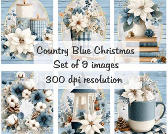 Kolaż z motywem Bożego Narodzenia w kolorze niebieskim w stylu country, pliki cyfrowe do pobrania, 9 obrazów, 300 DPI, Polly's Paper Studio