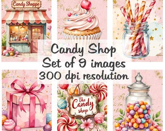 Sklep ze słodyczami, kolaż świąteczny, obrazy cyfrowe, plik do pobrania, 9 obrazów, 300 DPI, Polly's Paper Studio
