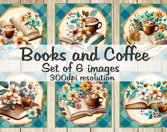 Books and Coffee  Collage Digital Images printable download file 6 Images 300 DPI