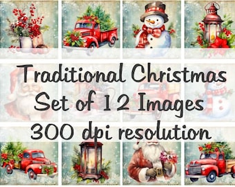 Imágenes tradicionales de Navidad Collage Imágenes digitales archivo de descarga imprimible 12 Imágenes 300 DPI Polly&#39;s Paper Studio