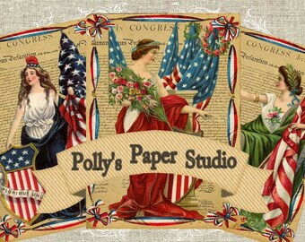 Vintage Patriotic Women Digital Collage  printable download file 4 images