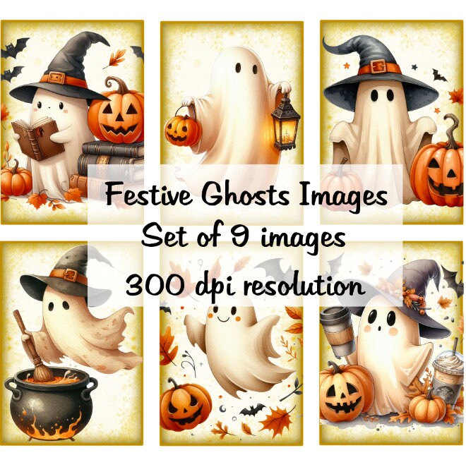 Festive Ghosts Images Collage Digital Images printable download file 9 Images 300 DPI Polly's Paper Studio