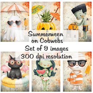 May include: Set of 9 watercolor images with a Halloween and summer theme. The images feature a ghost, a pineapple in a jack-o'-lantern, a Frankenstein's monster, a black cat, a green zombie girl, and a mummy. The text reads "Summerween on Cobwebs".