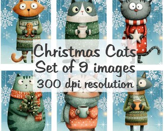 Kolaż świątecznych kotów Obrazy cyfrowe do pobrania plik do druku 9 obrazów 300 DPI Polly's Paper Studio