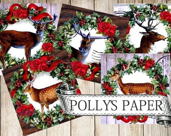 Woodland Deer Christmas Collage Digital Images archivo de descarga imprimible para tarjetas y etiquetas y manualidades Polly&#39;s Paper Studio 6 Images