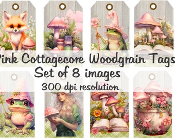 Pink Cottagecore Woodgrain Tags Collage Digital Images printable download file 8 Images 300 DPI Polly's Paper Studio