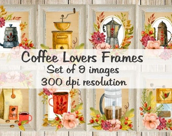 Coffee Lovers Frames Collage Digital Images printable download file 9 Images 300 DPI Polly's Paper Studio