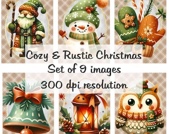 Przytulny rustykalny kolaż świąteczny Obrazy cyfrowe do pobrania plik do druku 9 obrazów 300 DPI Polly's Paper Studio