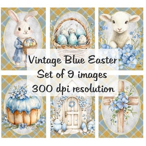 Vintage bleu Pâques Images collage Images numériques fichier à télécharger 9 Images 300 DPI Polly's Paper Studio