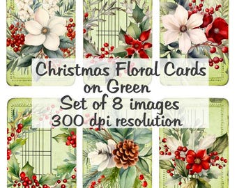 Kartki świąteczne z kwiatowymi motywami na zielonym kolażu. Cyfrowe obrazy do pobrania. Plik do druku. 8 obrazów o rozdzielczości 300 DPI. Polly's Paper Studio