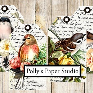 May include: Four vintage-style gift tags with floral designs and birds. Each tag features a different bird, including a robin, a sparrow, and two other birds. The tags are decorated with roses, leaves, and handwritten text in French.