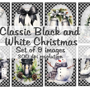 Classique noir et blanc Images de Noël Collage Images numériques fichier de téléchargement imprimable 9 Images 300 DPI Polly's Paper Studio