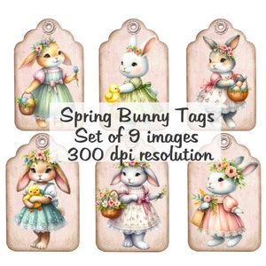 Lapin de printemps Tags Pâques Images Collage Images numériques fichier à télécharger 9 Images 300 DPI Polly's Paper Studio