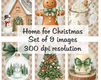 Dom na Boże Narodzenie Kolaż Obrazy cyfrowe do druku Pobierz plik 9 obrazów 300 DPI Polly's Paper Studio