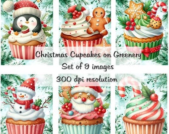 Babeczki świąteczne na zielonym kolażu Obrazy cyfrowe do pobrania plik do druku 9 obrazów 300 DPI Polly's Paper Studio