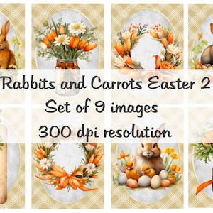 Lapins et carottes Pâques 2 Collage Images numériques fichier à télécharger 9 Images 300 DPI Polly's Paper Studio
