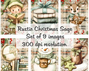Rustykalne obrazy świąteczne z szałwią Kolaż obrazów cyfrowych do pobrania plik do druku 9 obrazów 300 DPI Polly's Paper Studio