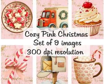 Przytulne różowe świąteczne obrazy kolaż cyfrowe obrazy do pobrania plik do druku 9 obrazów 300 DPI Polly's Paper Studio