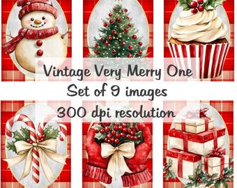 Vintage Wesołych Świąt Bożego Narodzenia Kolaż Cyfrowe obrazy do pobrania w pliku do druku 9 obrazów 300 DPI Polly's Paper Studio